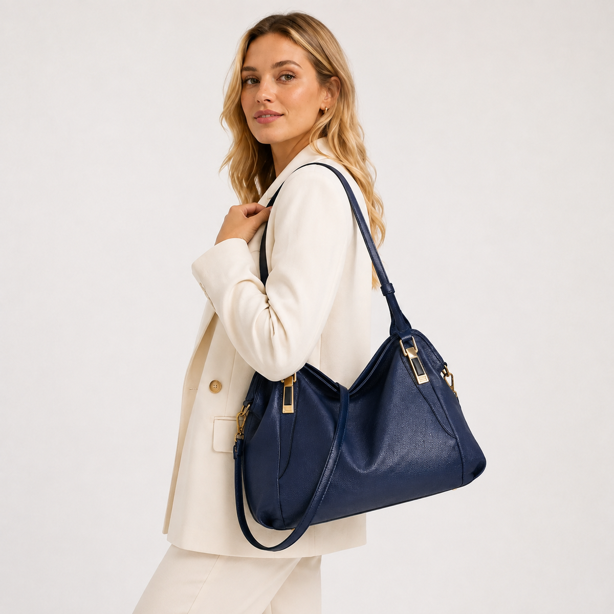 Woven handle hobo bag worn over the shoulder