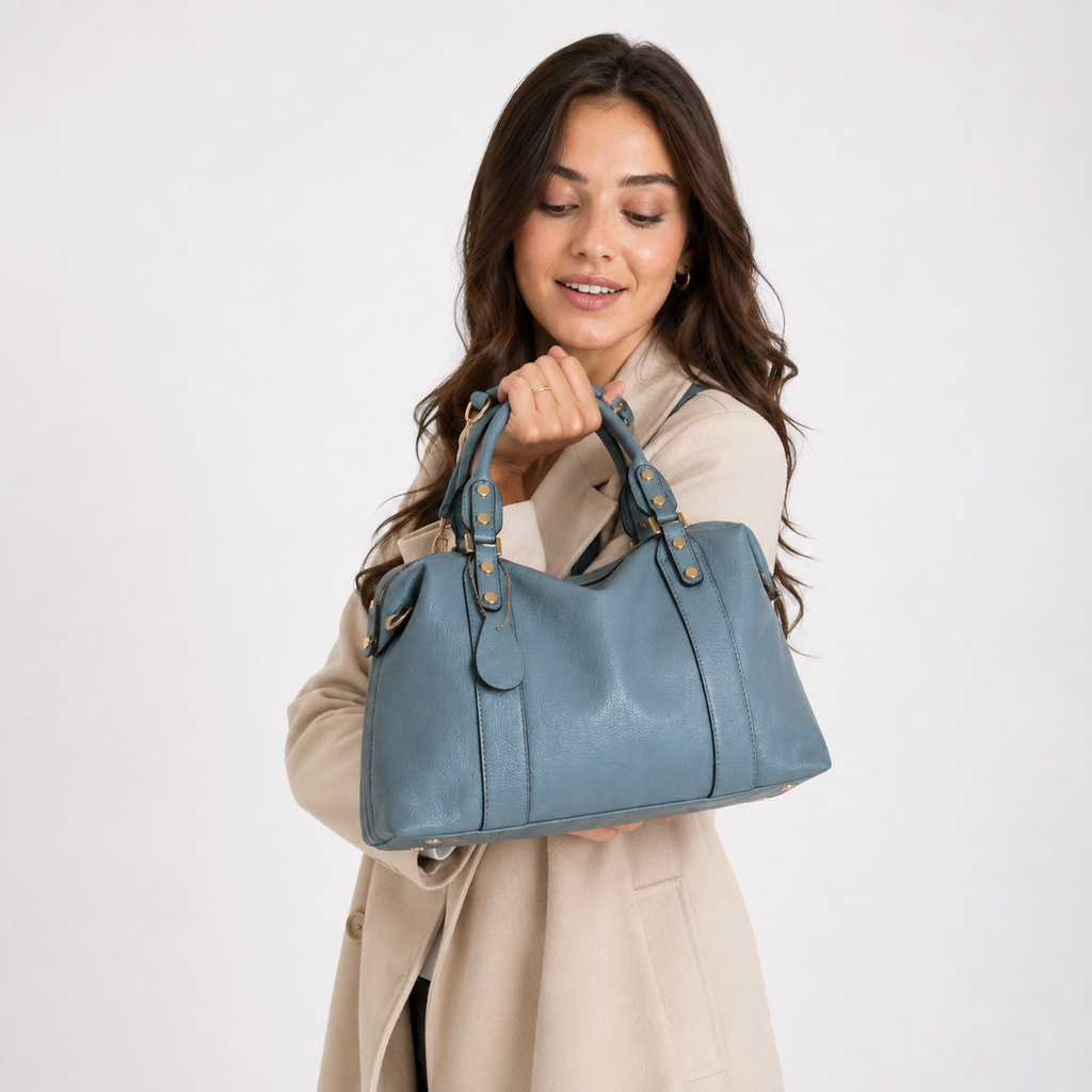 Studded satchel bag carried by the handles