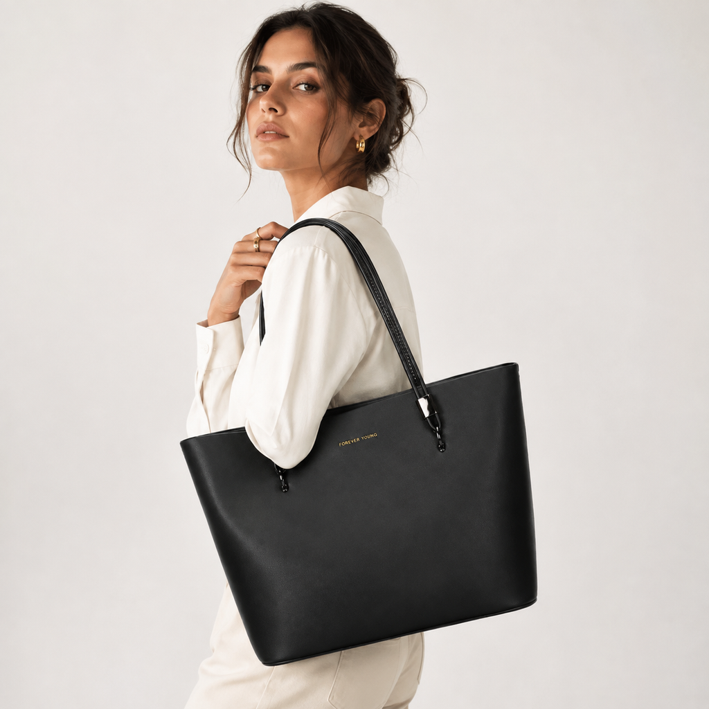 Classic structured tote worn over the shoulder