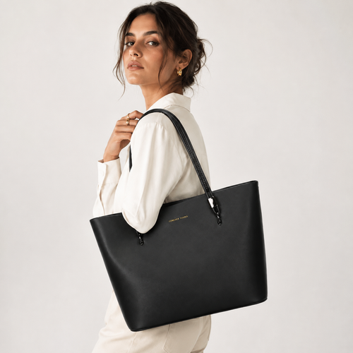 Classic structured tote worn over the shoulder