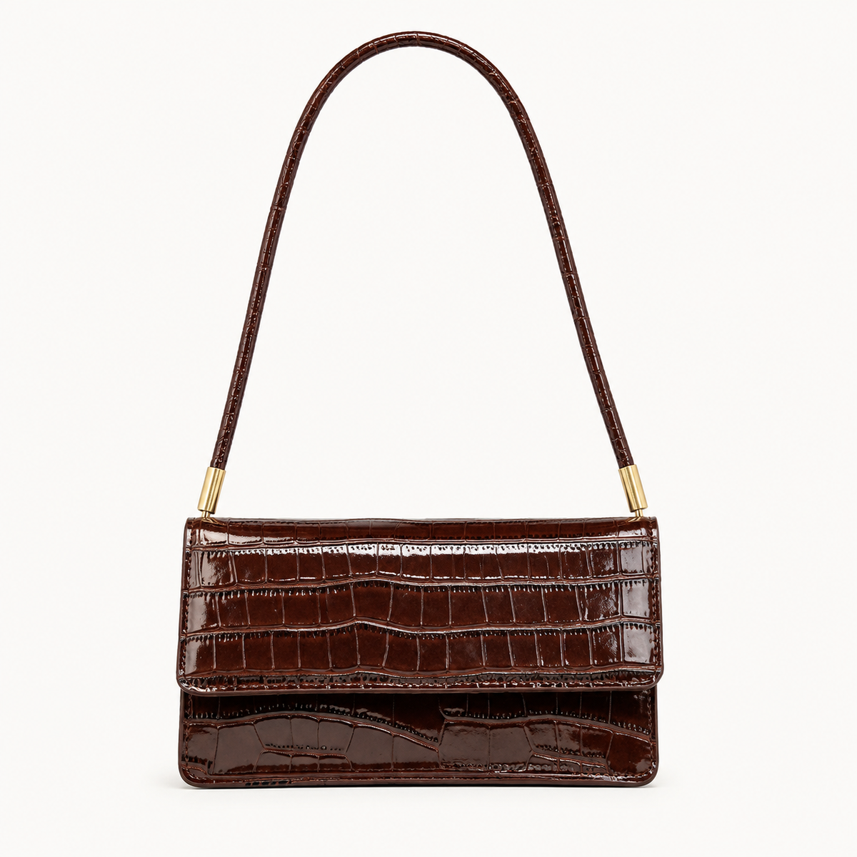Croc-effect shoulder bag in brown PU