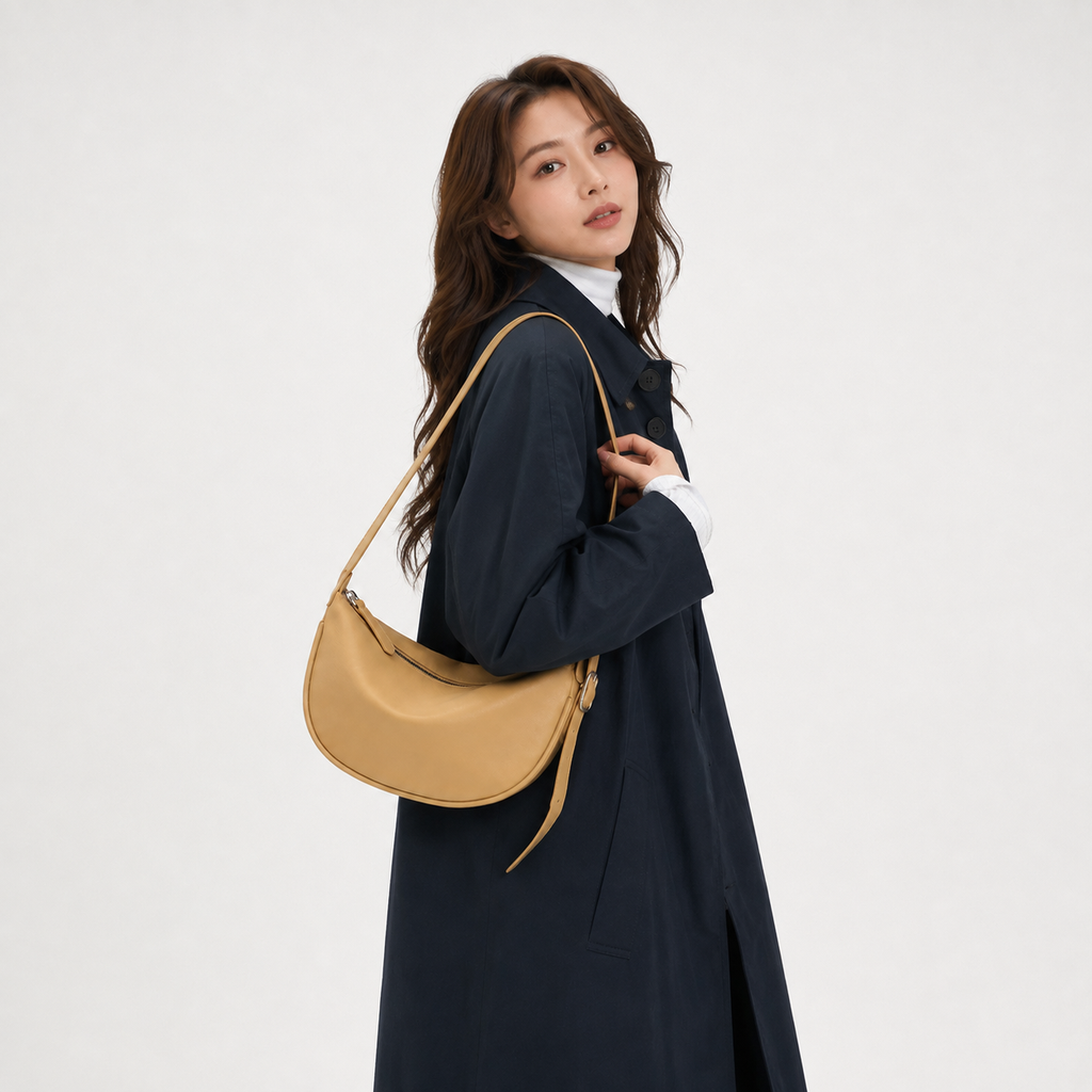 Half-moon crossbody bag worn over the shoulder