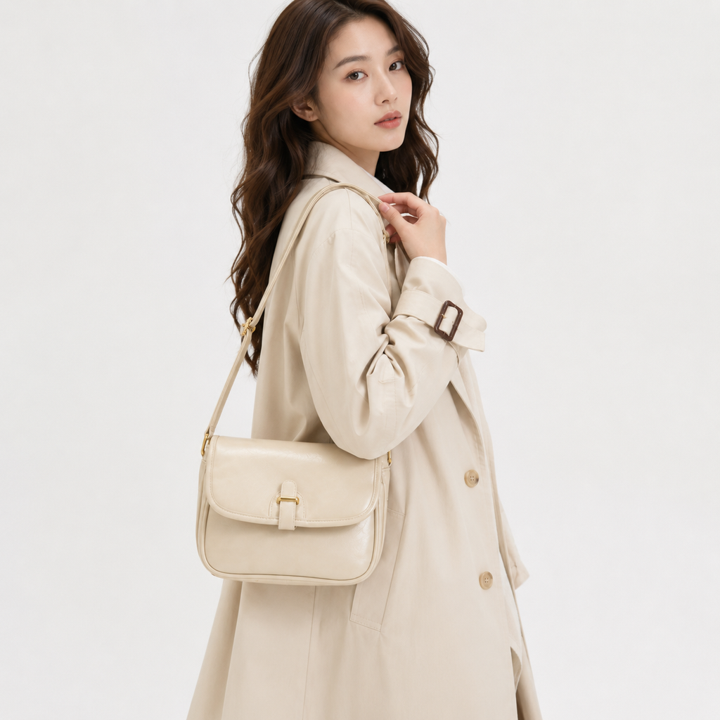 Saddle flap messenger bag worn over the shoulder