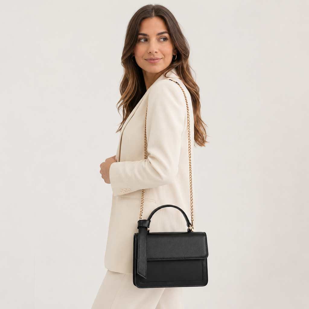 Structured square crossbody bag shown from the side