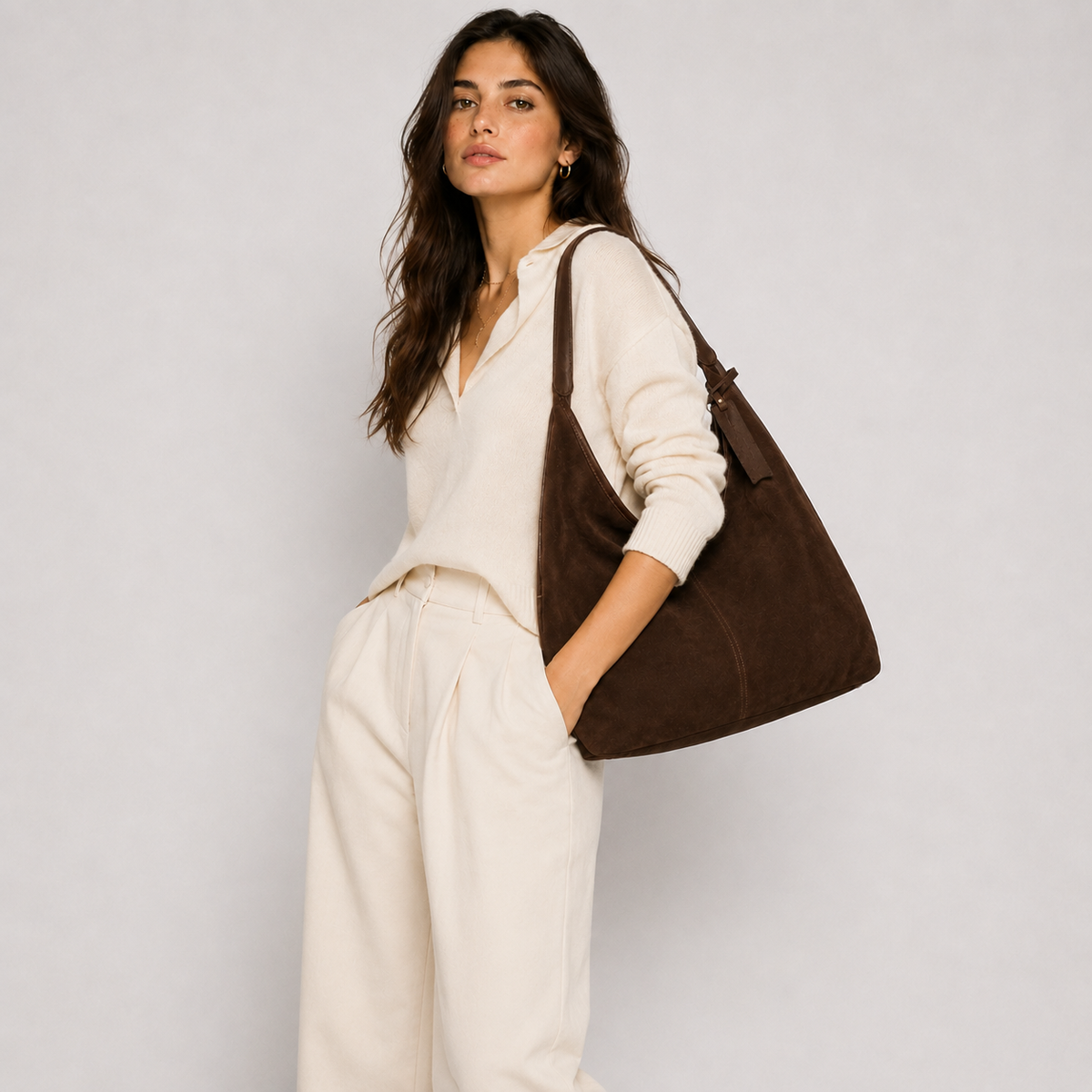 Suede slouch hobo bag shown in use