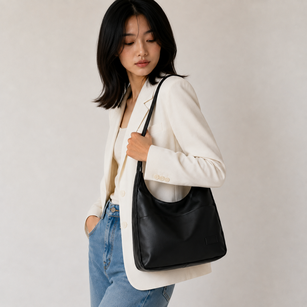 Soft hobo shoulder bag shown in use
