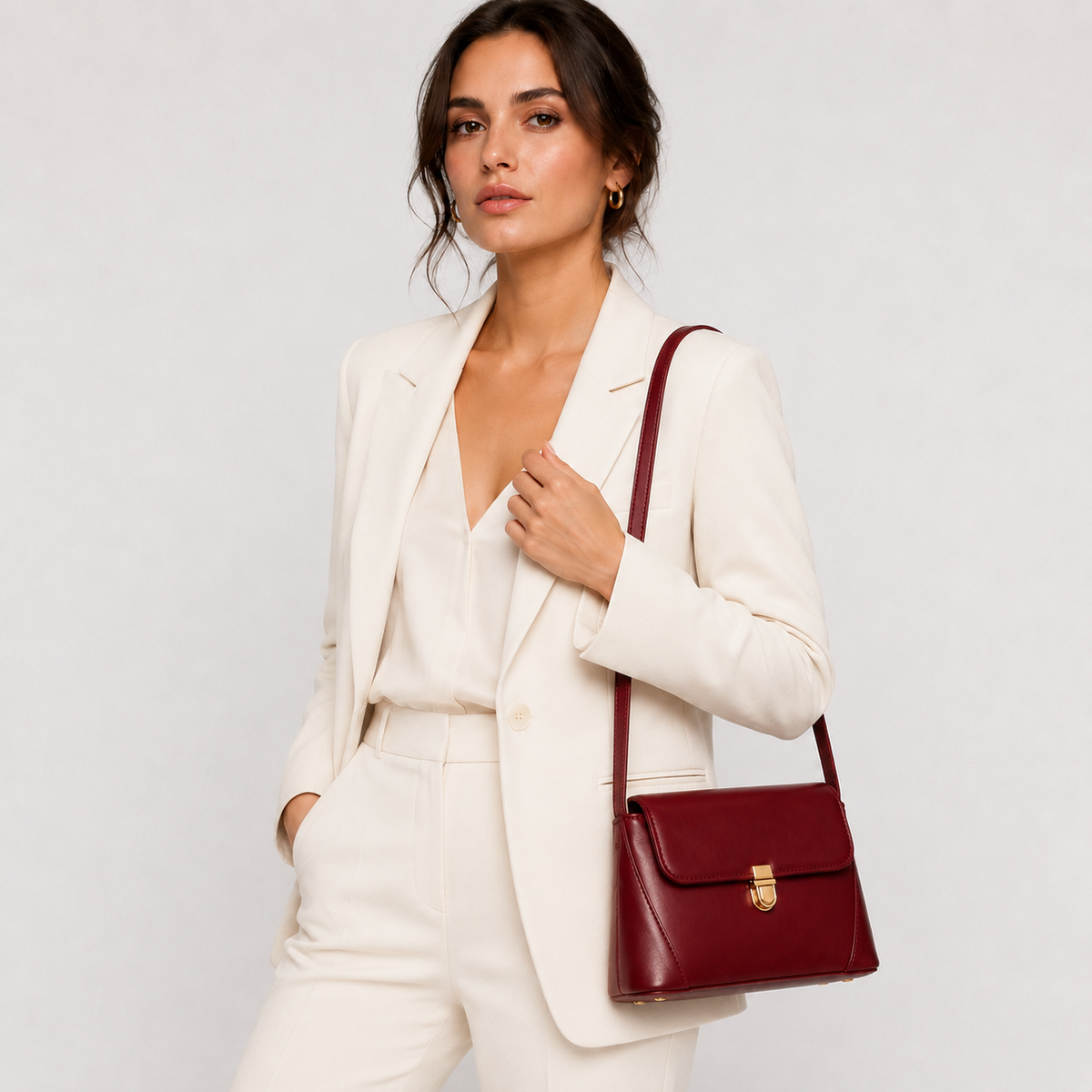 Push-lock shoulder bag shown from the side