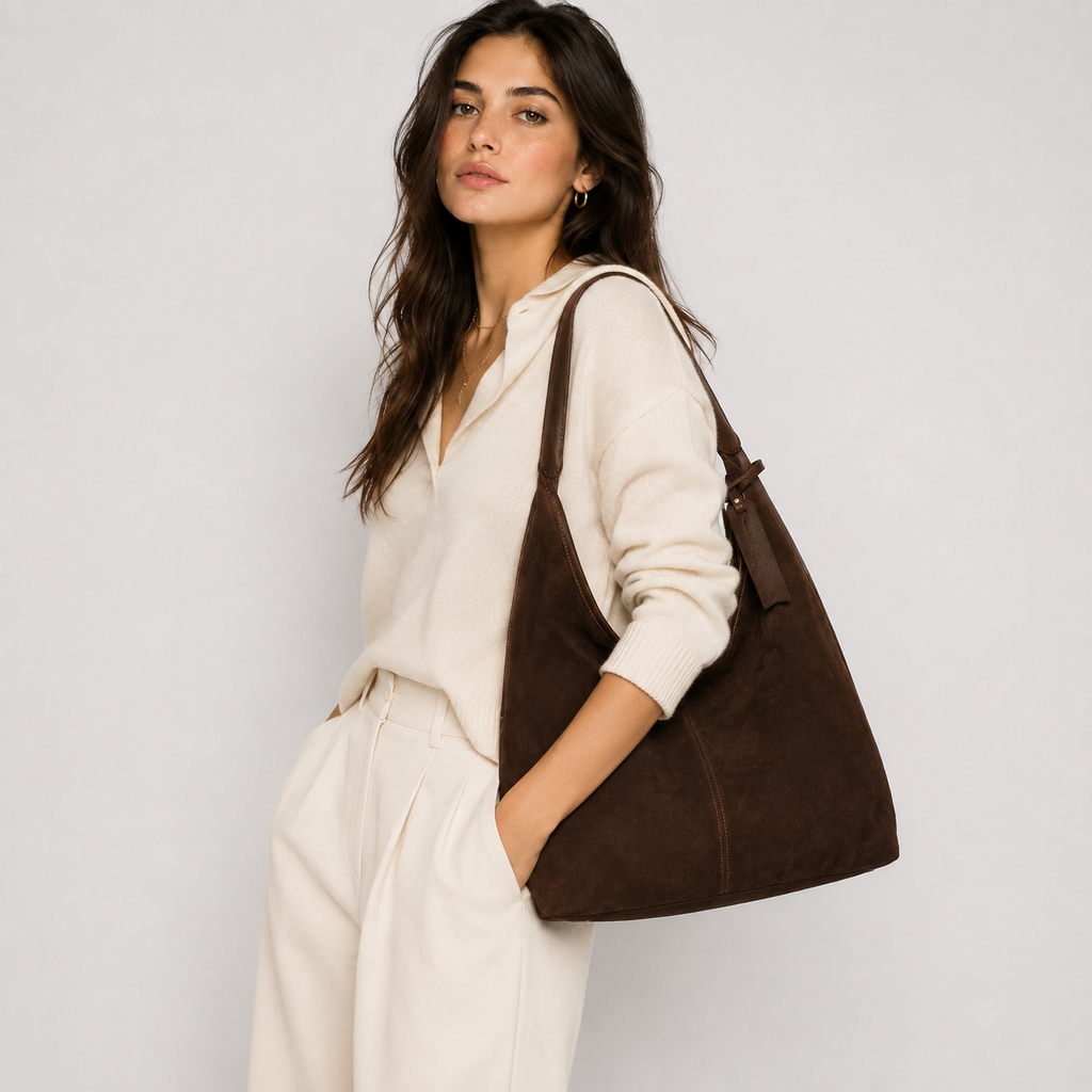 Suede slouch hobo bag worn over the shoulder
