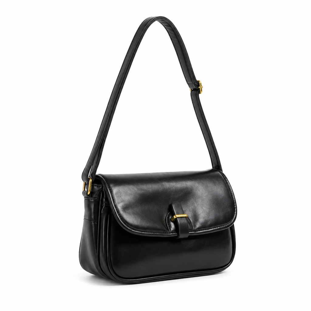 Saddle flap messenger bag in black PU leather