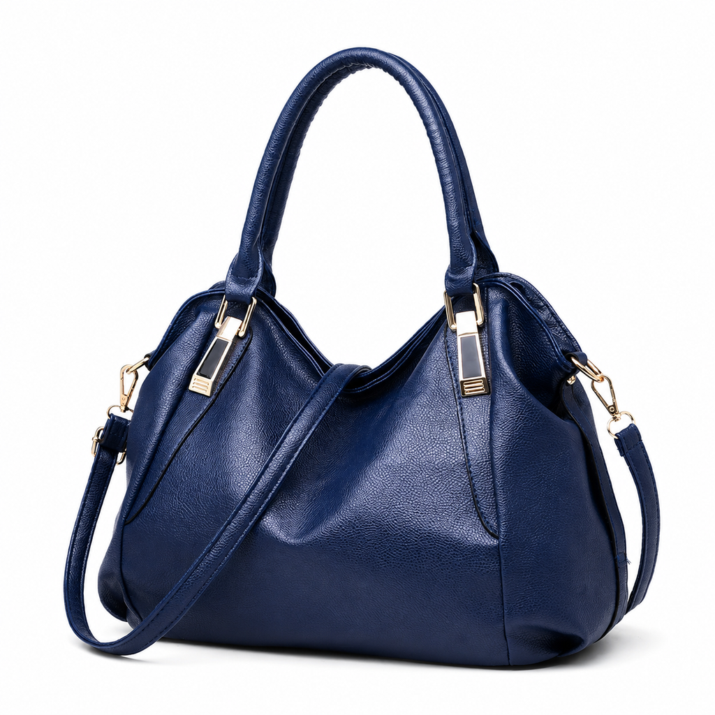 Woven handle hobo bag in navy PU leather