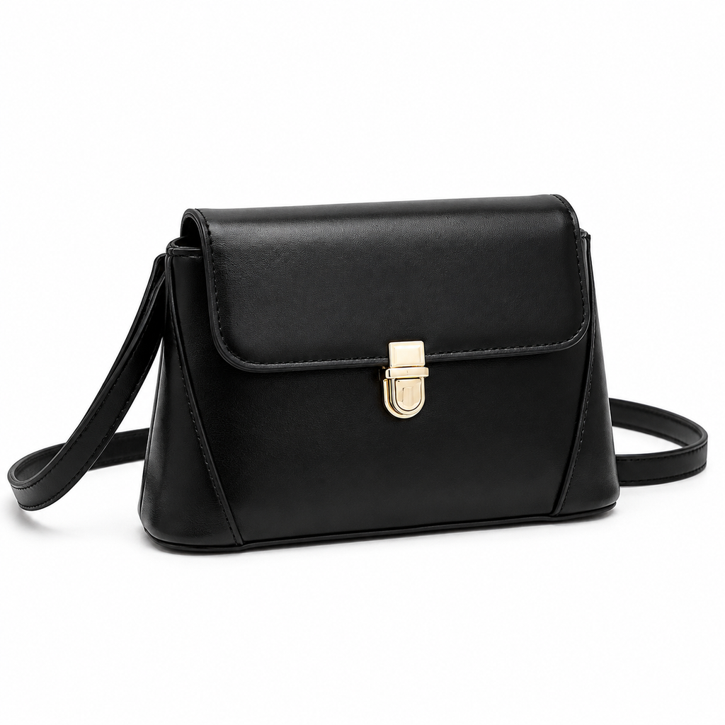 Push-lock shoulder bag in black PU leather