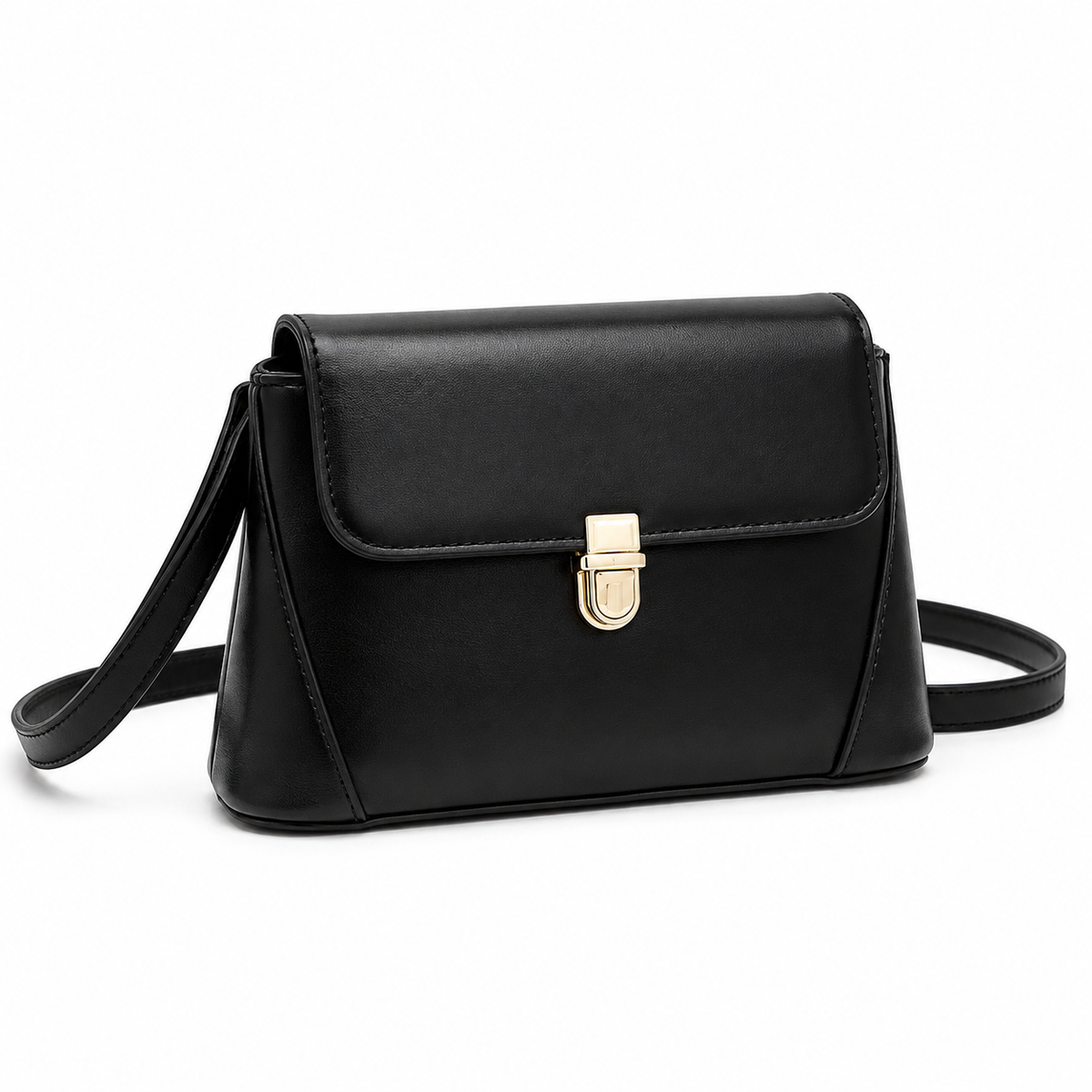 Push-lock shoulder bag in black PU leather