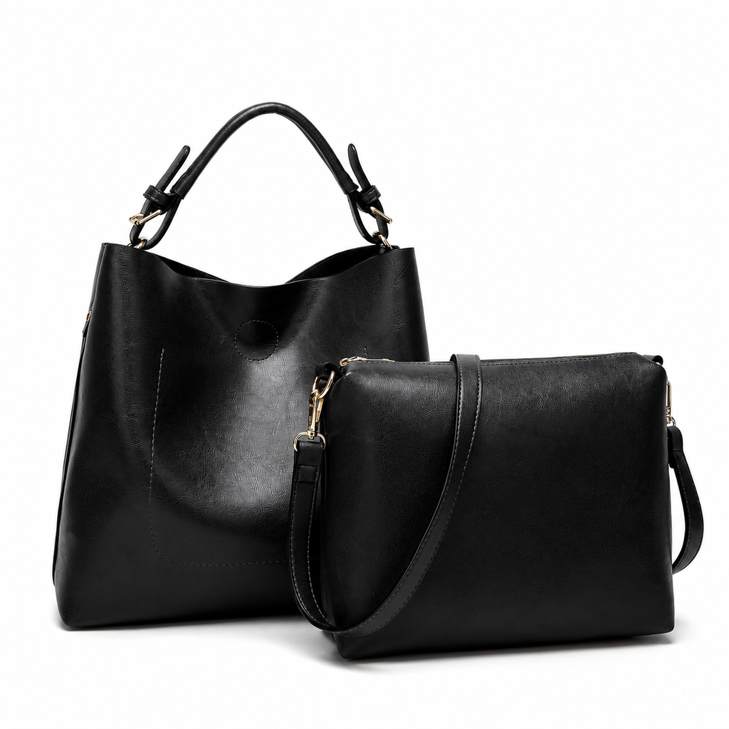 Two-piece tote set in black PU leather