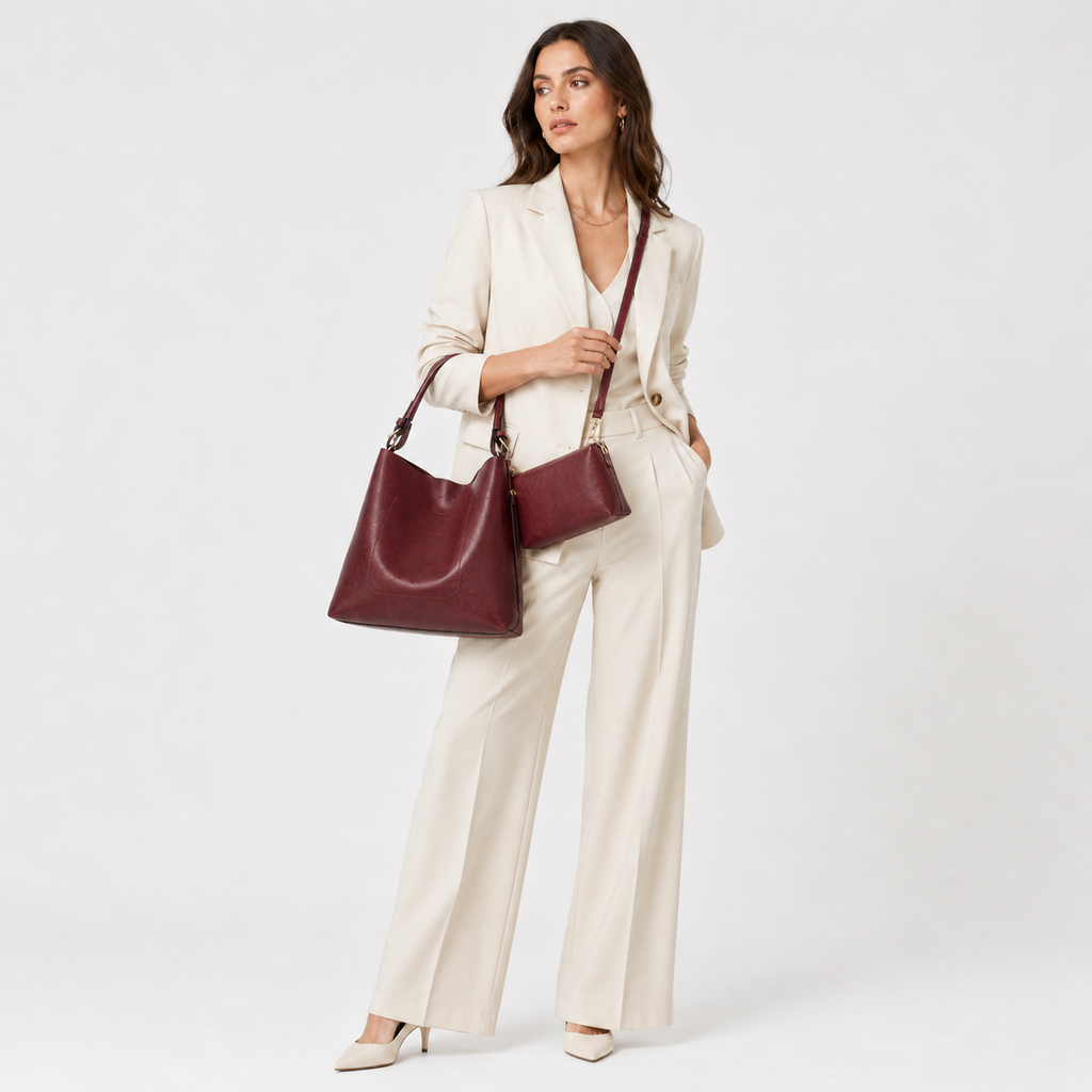 Two-piece tote set carried by the handle