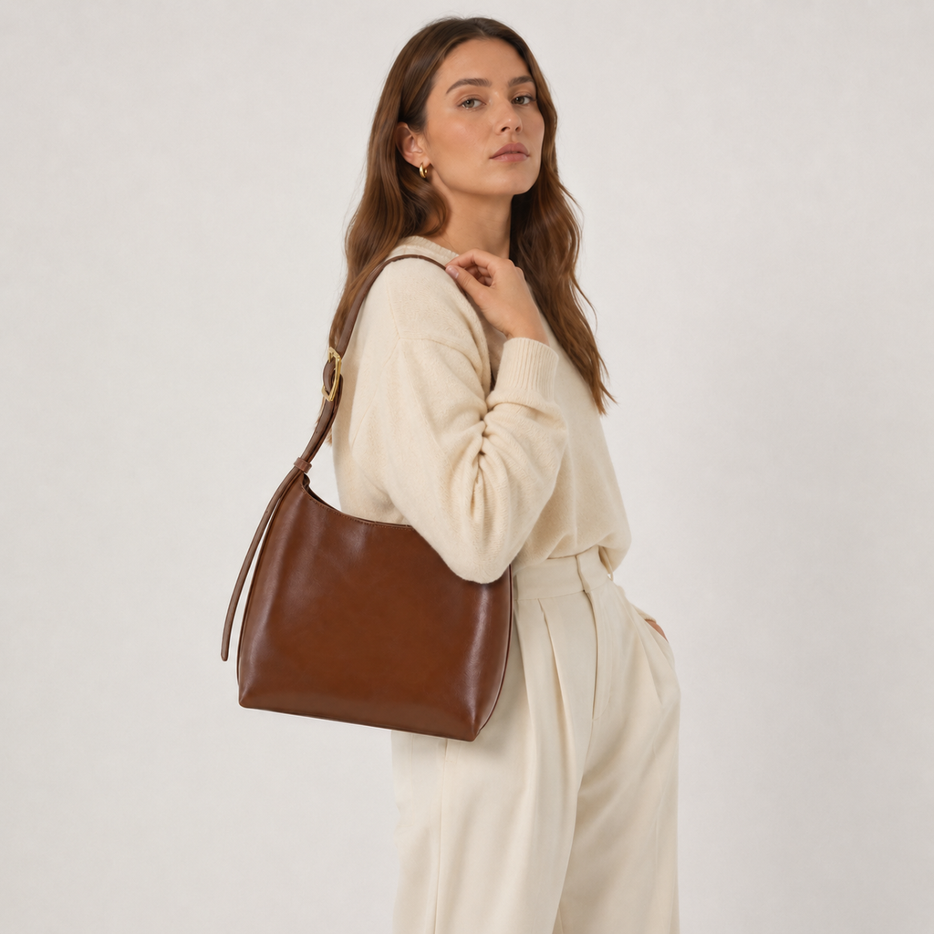 Buckle-strap hobo bag shown from the side