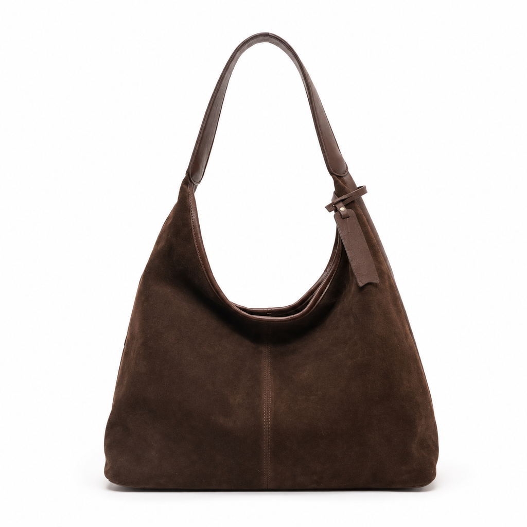 Suede slouch hobo bag in brown
