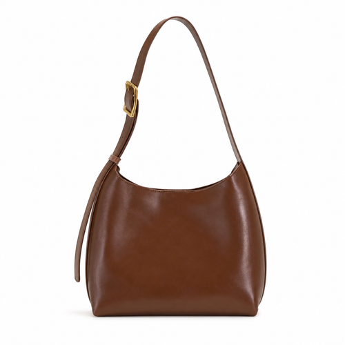 Buckle-strap hobo bag in brown PU leather