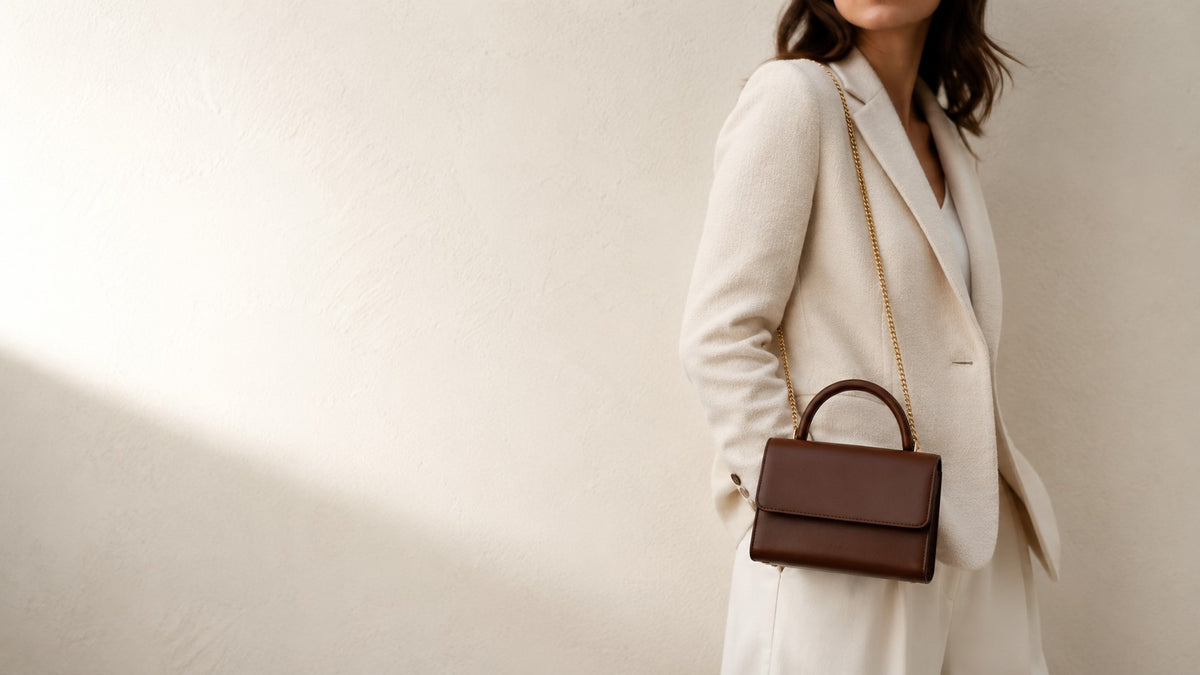 Woman in a cream suit carrying a brown leather top-handle bag with a gold chain strap